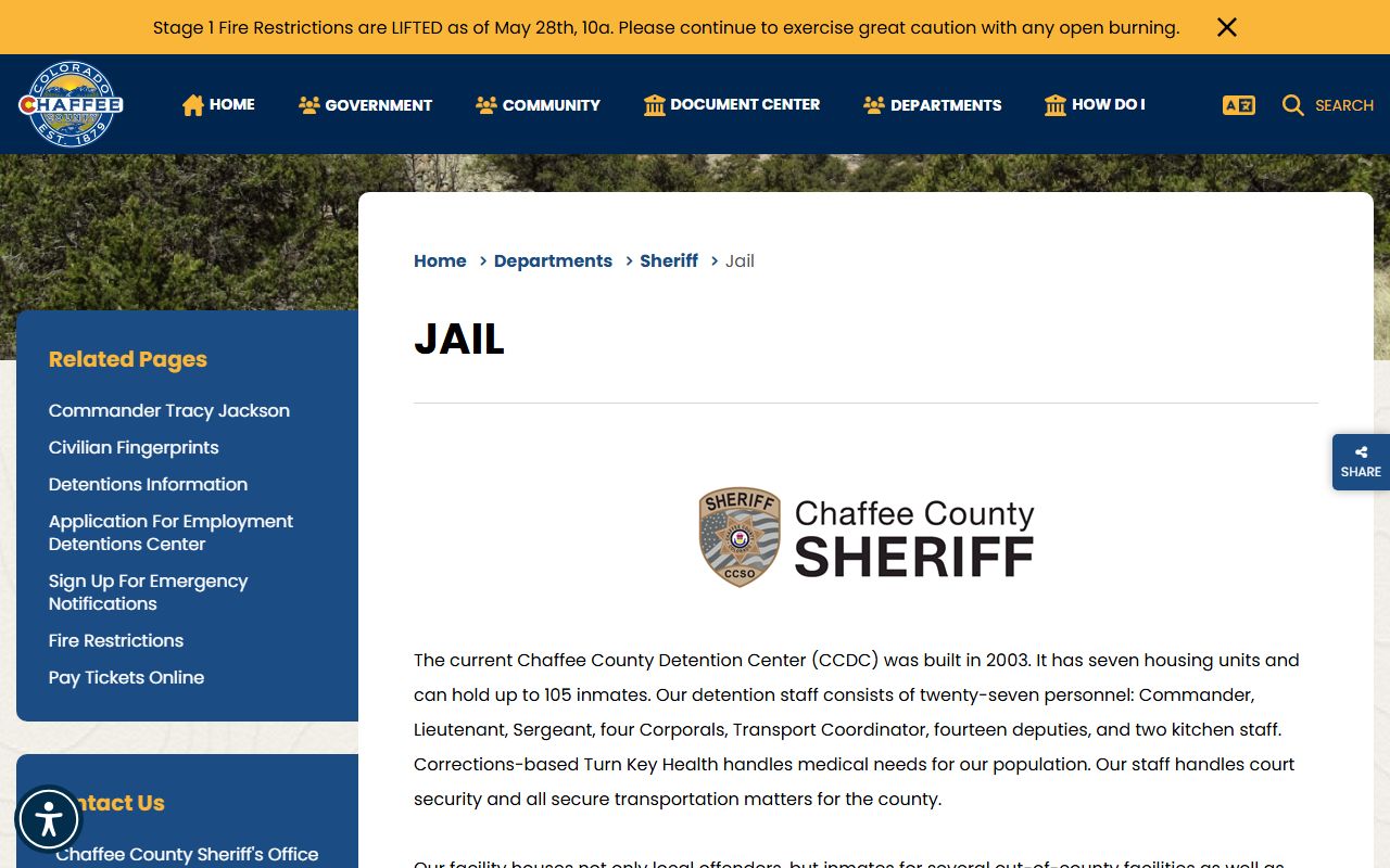 Chaffee County Detention Center inmate population information page